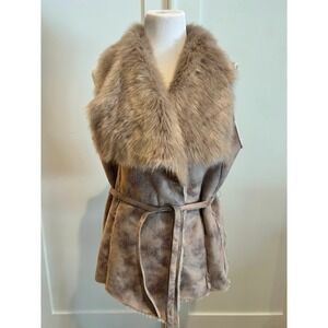 Women's Faux Fur Collar Suede Like Vest‎ Tie Waist Outerwear Layer Dennis Basso